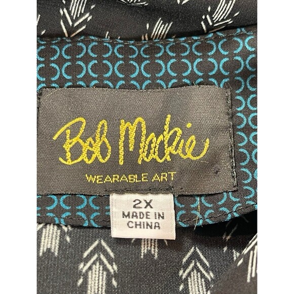 Bob Mackie Wearable Art 2X Teal Blue Floral Abstract Print Sheer Button Up Top - Picture 6 of 13